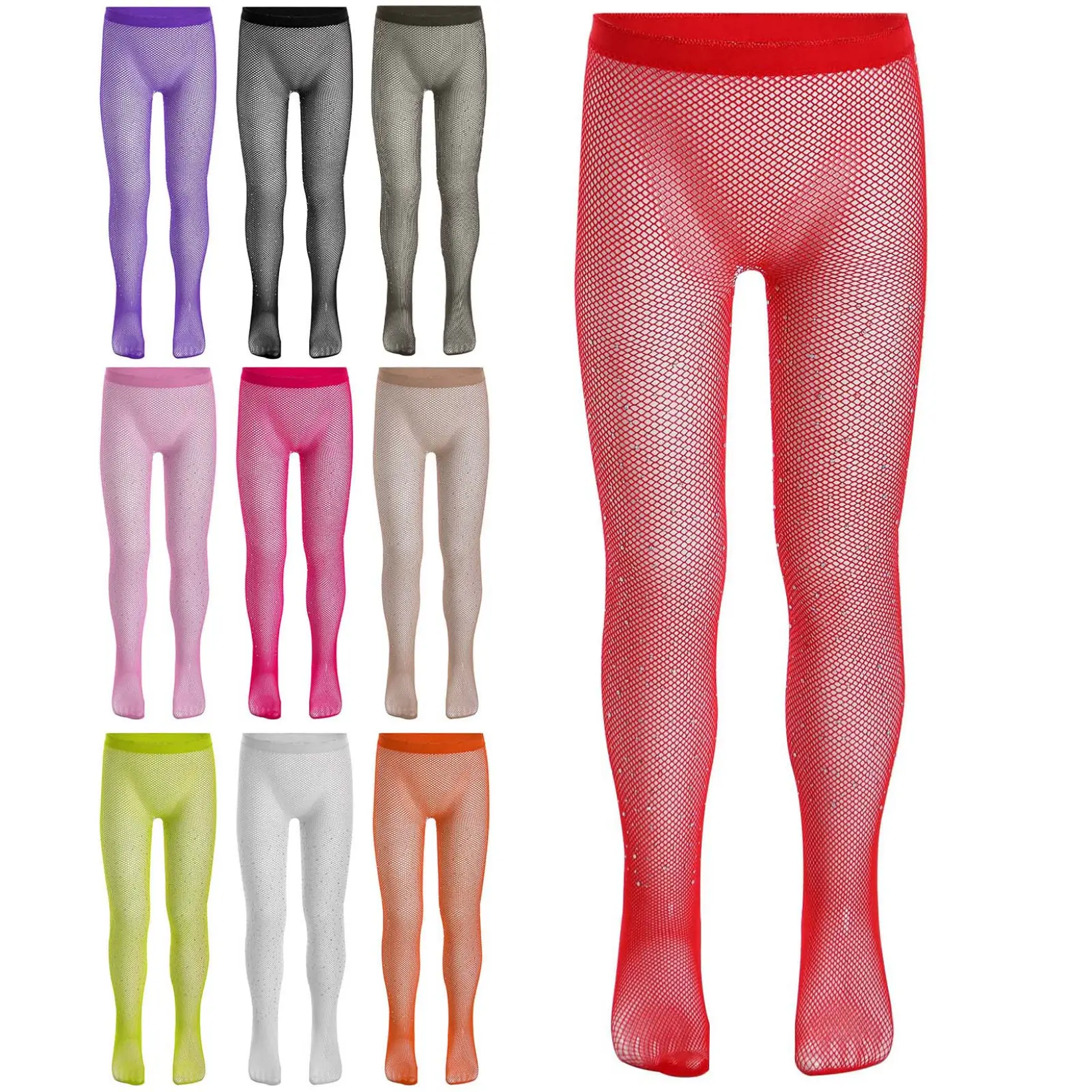 Mufeng Kids Girls Sparkle Fishnet Tights Rhinestones Hollow Out Fishnet Stockings Long Fishnet Leggings