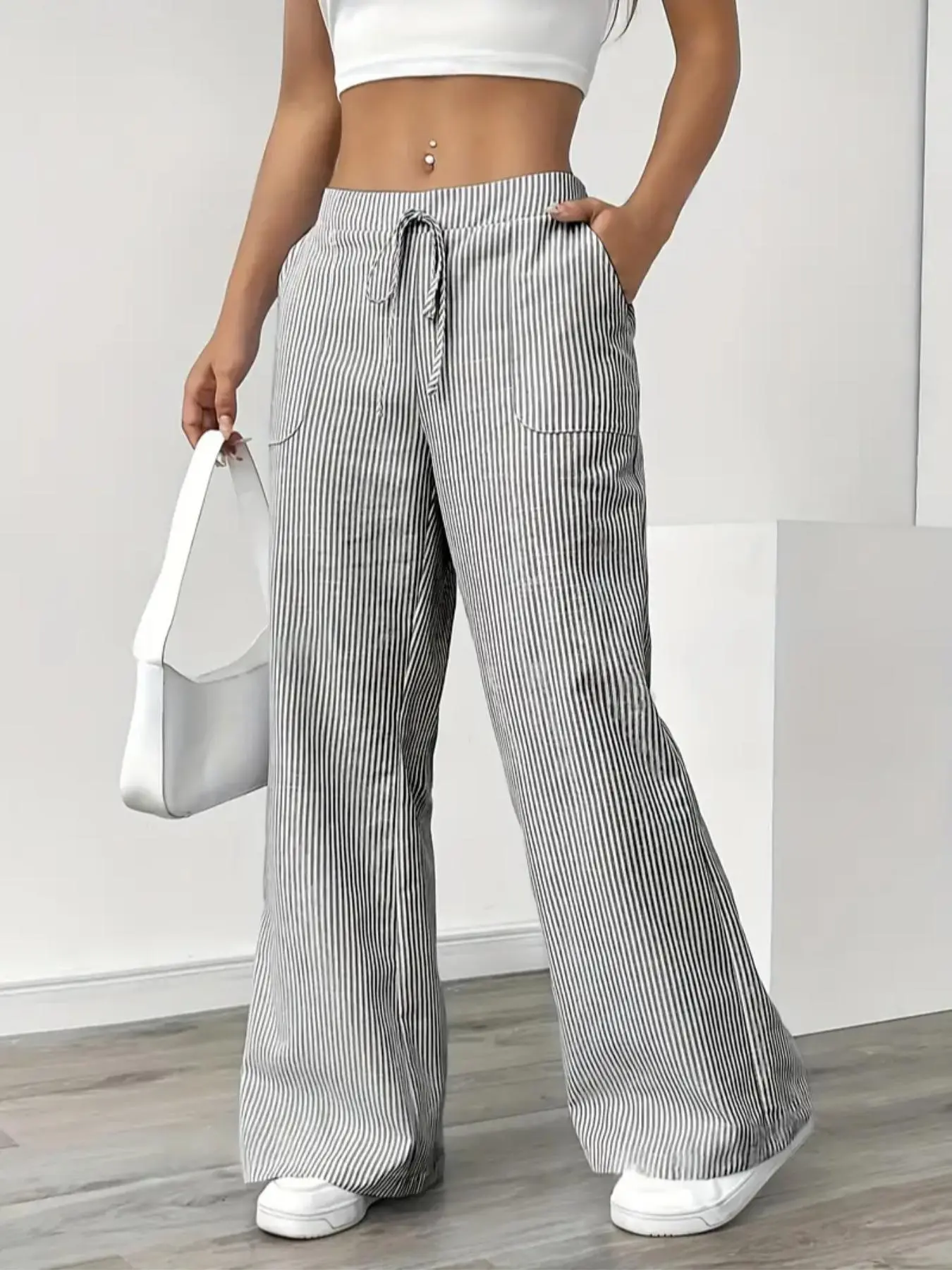 Women's Striped Print Drawstring Waist Wide Leg Pants, Loose Fit Casual Pocket Elastic Waist Trousers for Fall & Winter, Women's Bottoms for Daily Wear