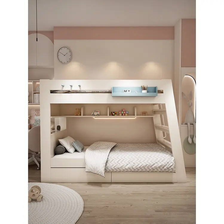 Cream Style Bed Frame Upper and Lower Width Bunk Bed with Storage Two-Storey Bunk Wooden Bed Staggered Height Bedroom Household