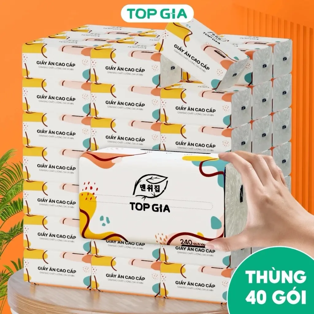 Giấy ăn rút Topgia thùng 40 gói đa sắc cao cấp 240 tờ 4 lớp, dập vân 4D, mềm mịn, thấm hút tốt Giấy Vệ Sinh Đồng
