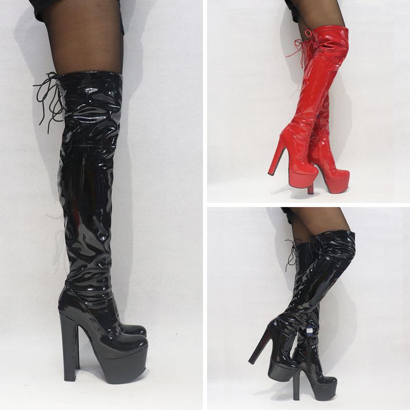 [Sẵn size 35- 40] Giày boot nữ dự tiệc, biểu diễn cổ cao ngang đùi cao gót 17cm màu đen, đỏ da bóng TÔN DÁNG GCC122