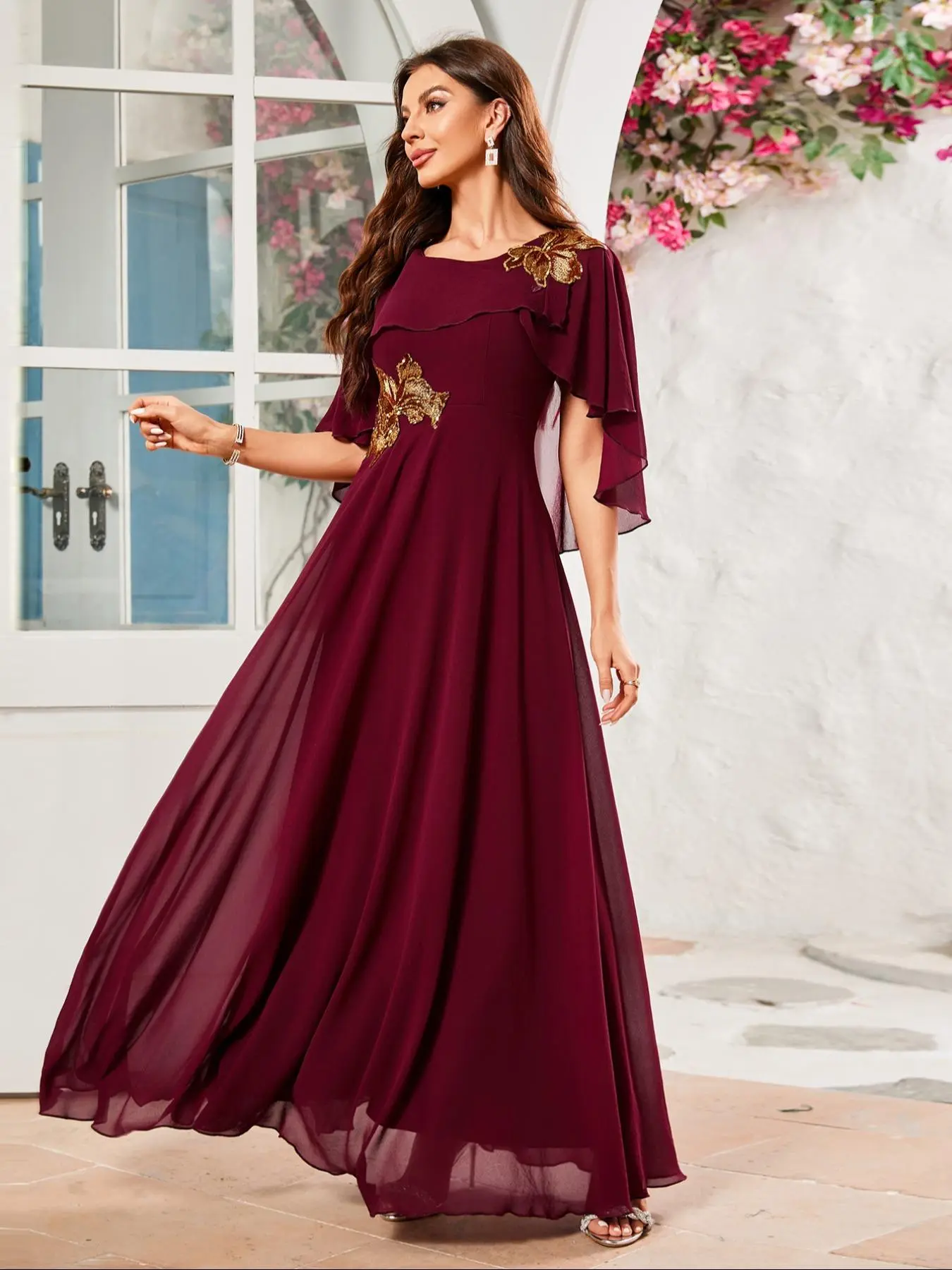 Women's Contrast Sequin Asymmetrical Cloak Sleeve Evening Dress, Elegant Round Neck Zipper Back Maxi Dress for Party & Banquet, Ladies' Clothes for All Seasons
