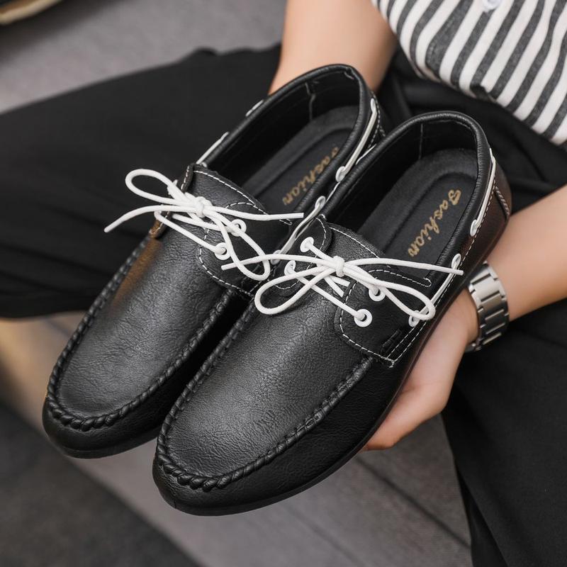 Round Toe Shoes Casual Men's Slip-on Leather Shoe Flat Lightweight Breathable Dress Shoes 2024 New 6
