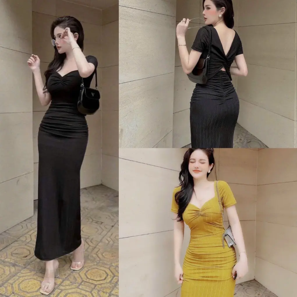 Đầm ôm body tay ngắn dáng dài xoắn hở lưng tôn dáng - có mút Nữ Dress Women