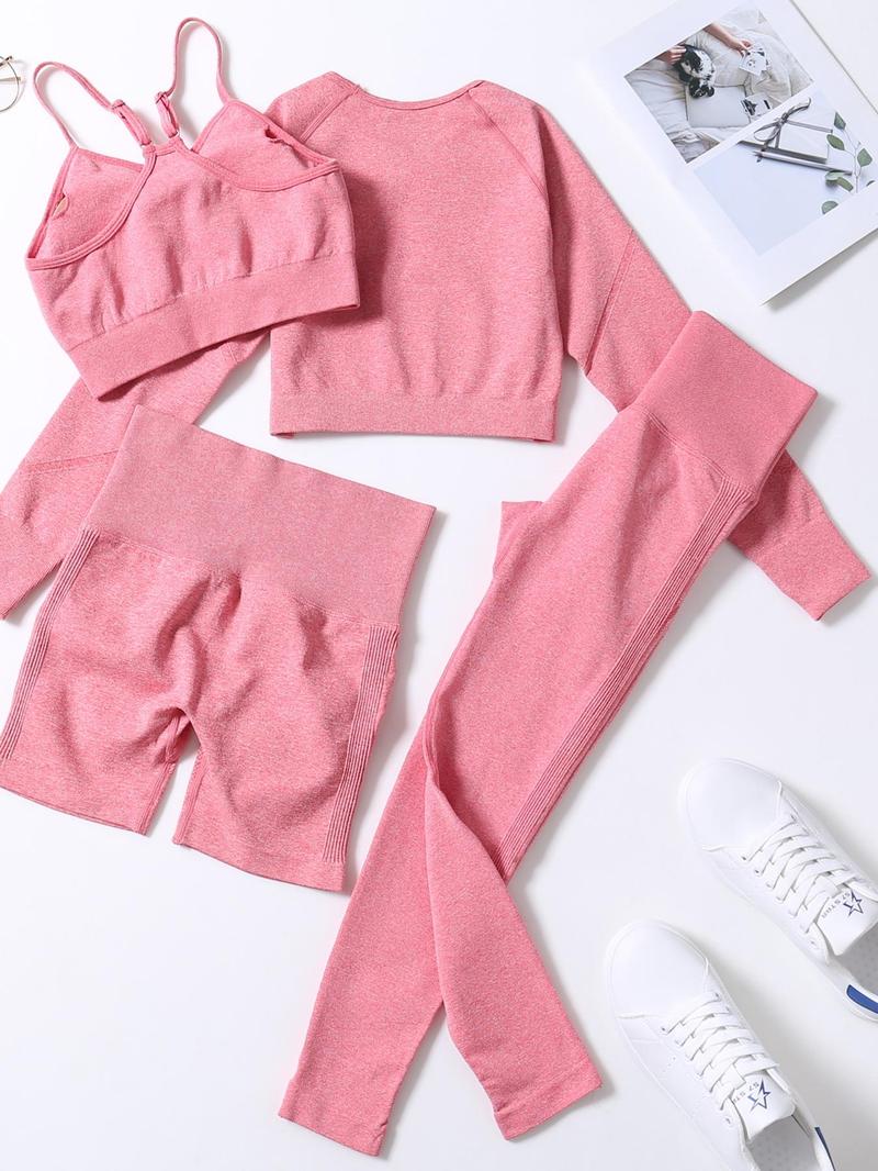 Product Introduction of Women's Solid Sports Bra & High Waist Leggings & Raglan Sleeve Crop Tee & Shorts Tracksuit Set, Sporty Breathable Adjustable Strap Sports Bra & High Stretch Yoga Leggings & Top & Shorts, Ladies Sportswear for Indoor Outdoor Wear, Gym Sets for Women 8