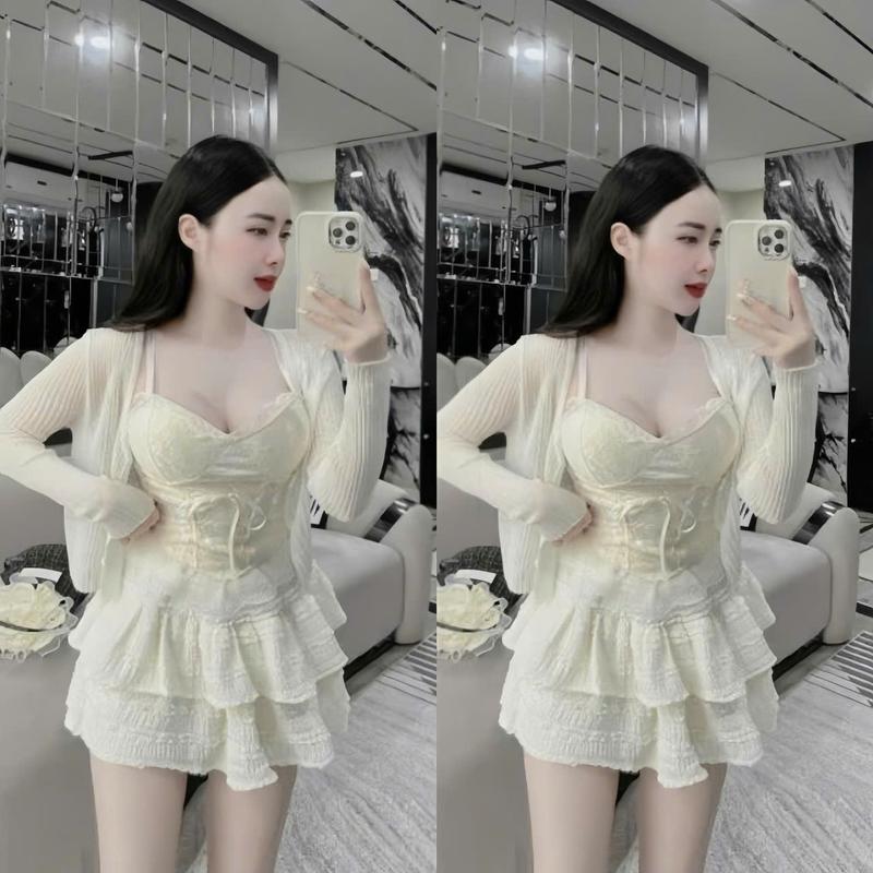 Set váy nữ 3 món áo ren hoa 2 dây cúp ngực mix chân váy len ren ngắn xếp tầng kèm khoác ngoài xinh xắn dành cho các nàng đi tiệc,đi chơi. Women top