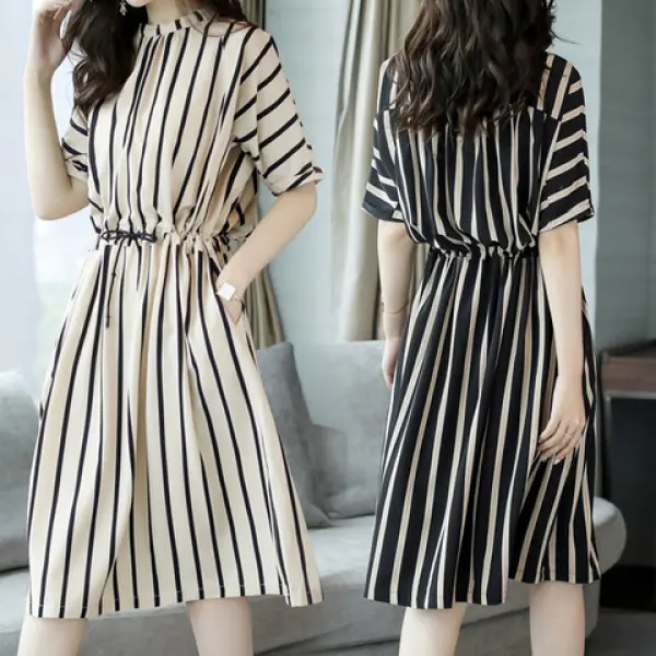 Summer Korean Style Waist-Cinching Elegant Fashion Casual Loose Mid-Length Striped Dress Women's Clothing