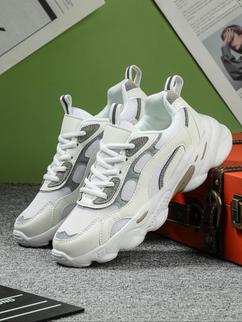 Product Introduction of Men's Fashionable Patchwork Lace Up Low Top Sneakers, Casual Comfortable Breathable Sports Running Shoes, Male All-match Round Toe Chunky Sneakers for Daily Life 4