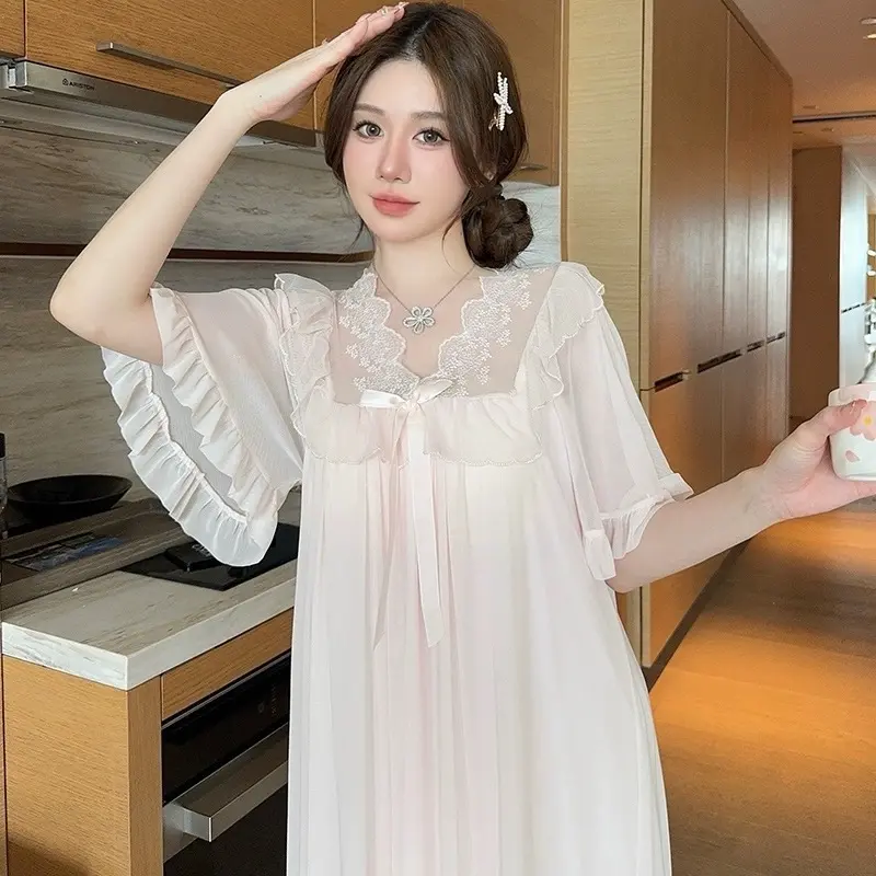 SP.567 Váy ngủ tiểu thư cộc tay voan ren lót thun cotton mềm kèm đệm hàng Quảng Châu