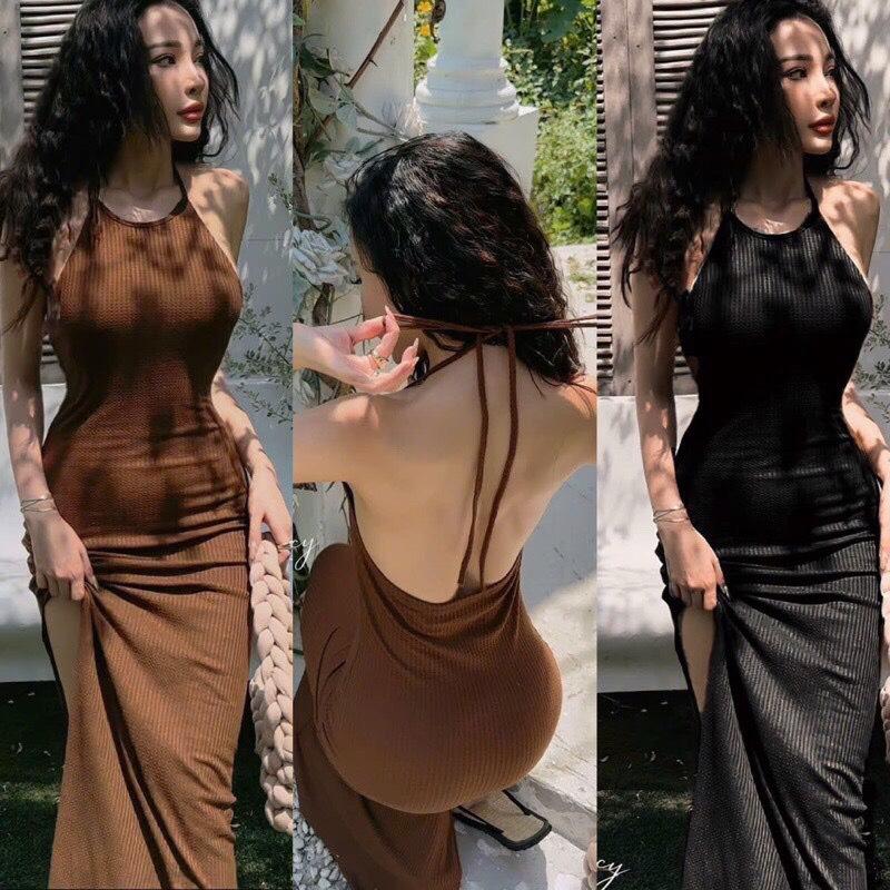 Đầm nữ cổ yếm dáng dài chất gân lụa mát Đầm ba lỗ dáng dài CÓ MÚT