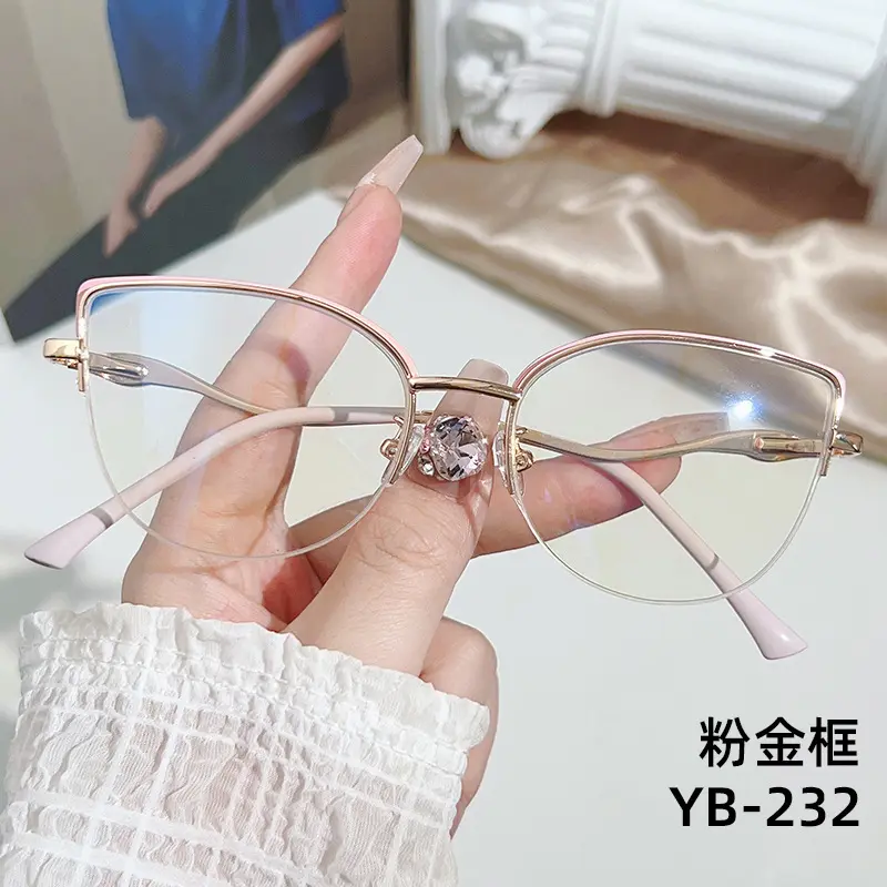 Vintage Metal Round Eyebrow Frame Ultra-light Cat Eye Myopia Glasses Fashionable Internet Celebrity Style Anti-blue Light Half-frame Glasses 8
