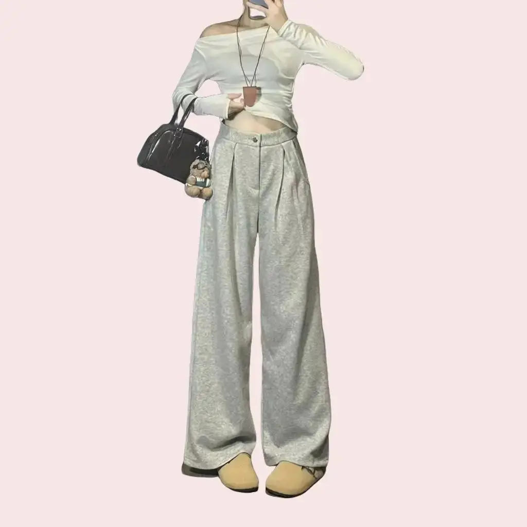 Quần Dáng Suông Chất Liệu Mì Nỉ Thiết Kế Xếp Ly Cạp Cao Khóa Kéo Chun Sau Nữ - Women Voi Pants