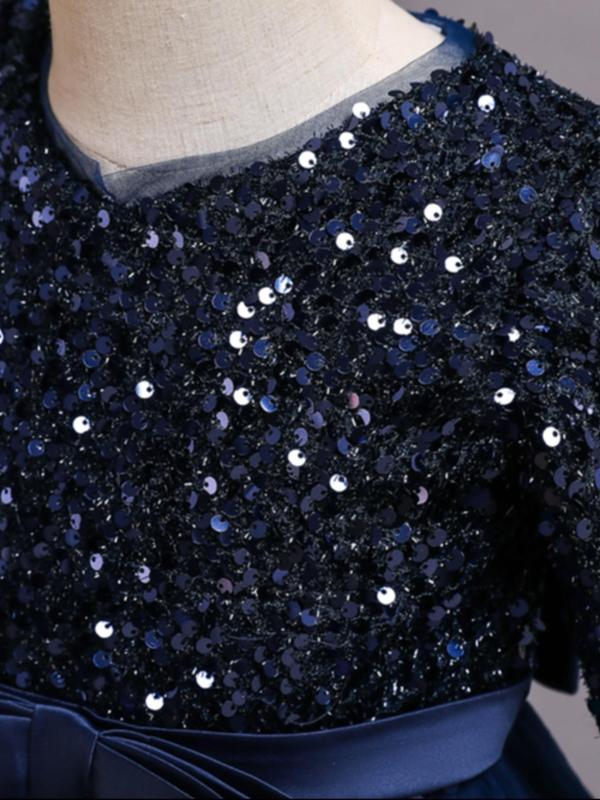 Girl's Long Sleeve V Neck Sequin Dress, Bow Front Fit & Flare Party Dress For Formal Occasions, Kids Clothes, Fashion Girl's Ball Gown For Spring & Fall 8