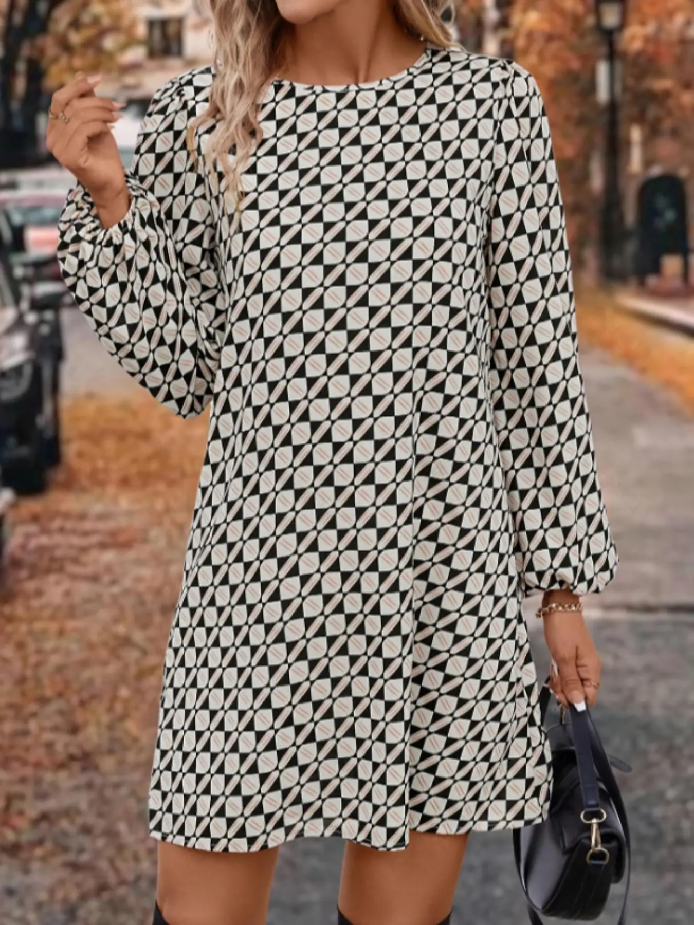 Women's Geometric Print Bishop Sleeve Tunic Dress, Casual Long Sleeve Round Neck Short Dress for Spring & Fall, Women's Clothing for Daily Wear