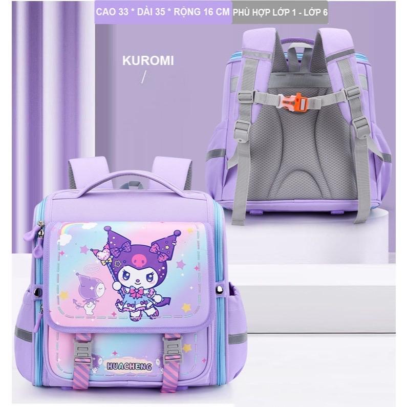 ￼Balo chống gù cho bé cấp 1, balo học sinh cho bé trai, bé gái in hình Kuromi cặp đi học form vuông Nhật Bản