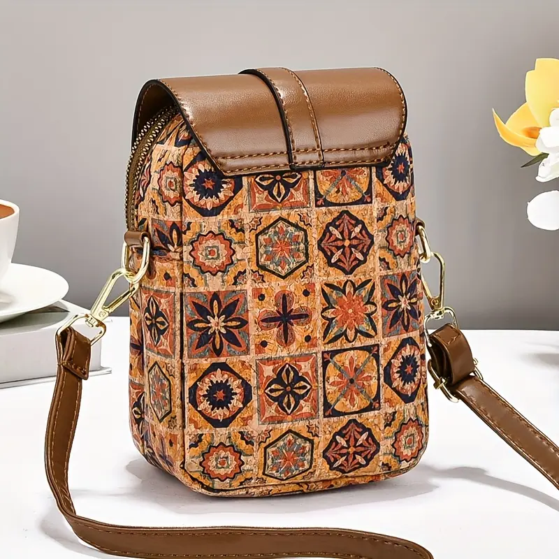 Women'S Stylish Geometric Print Shoulder Bag - Brown with Vibrant Floral & Star Design, Zipper Closure, Lightweight, Large Capacity, Perfect for Casual & Formal Occasions, Casual Shoulder Bag | Vibrant Print Bag | Durable Zipper Closure, La 3