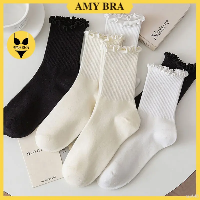 Cotton thoáng khí nhiệt đới - Hút ẩm nhanh hơn cả lá dứa gặp nắng Tất Cổ Cao Nữ Trơn Cotton Gân Tăm, Vớ Nữ Viền Lượn Sóng Nhẹ Nhàng Dễ Thương AMYBRA T23 Chân váy jeans Áo Giữ Quần Jean Lót miengdan adore hang duc  dan  ti áo ngực dính tone da sáng