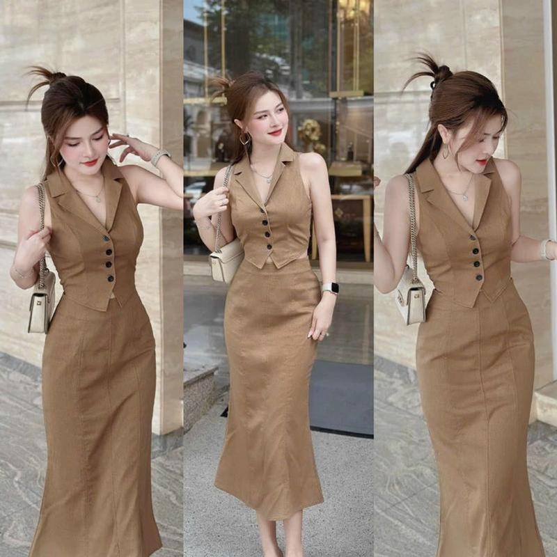 Sét Chân Váy Body Dài Kèm Áo Cổ Vest Sát Nách Cài Nút Dây Cột Sau Lưng Nữ Tính Dịu Dàng Thanh Lịch Sang Trọng Dễ Thương. Kem Women