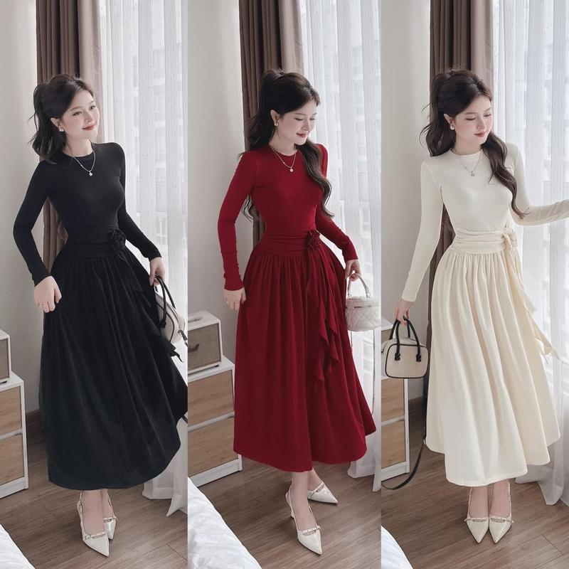  Đầm body cổ tròn tay dài form suông phối nơ D114 - Women Nữ 