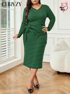 CURVZY Plus Size Striped Print Knot Front V Neck Dress, Casual Long Sleeve Midi Dress for Fall, Women's Clothes for Daily Wear