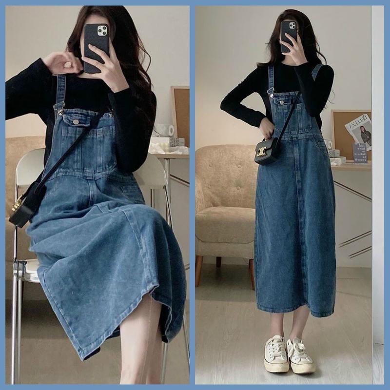 Yếm Váy Jean Dài Chất Bò Phối Túi Kiểu Trước Ngực, Yếm Đầm Bò Nữ Phong Cách Hàn Quốc Cực Xinh 457