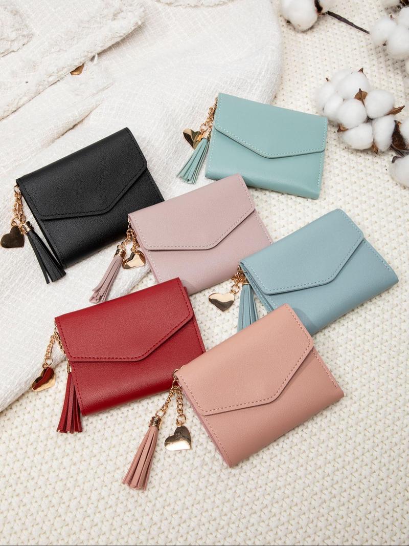 Product Introduction of Women's Solid Color PU Leather Card Holder, with Tassel Decor, Fashionable Coin Purse, Casual Versatile Short Wallet for Daily Used 6