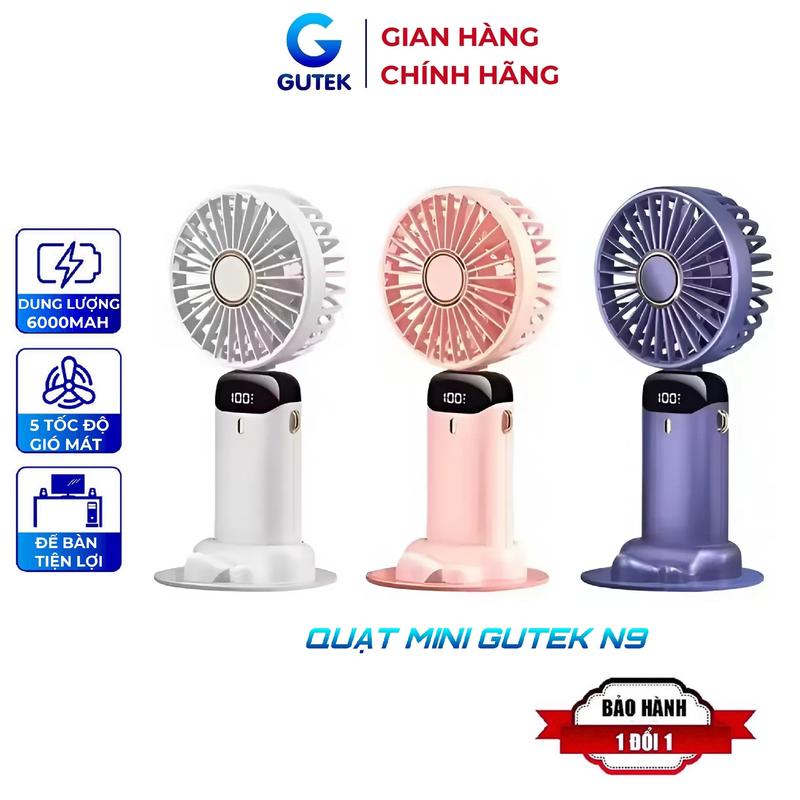 Quạt cầm tay mini tích điện pin 6000mah tặng chân đế để bàn nhỏ gọn 5 tốc độ gió Gutek N9