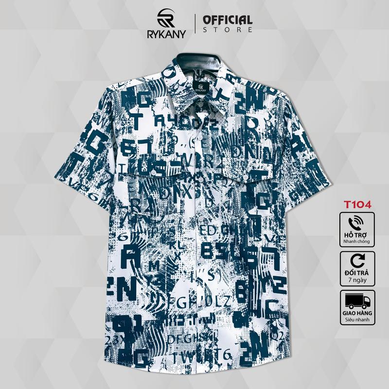 Áo sơ mi nam có túi, tay ngắn, hoạ tiết chữ cái, co giãn, thoáng mát, hoa văn khớp hình khi mặc (T104) Menswear áo 【xanh biển  nền tảng sominam