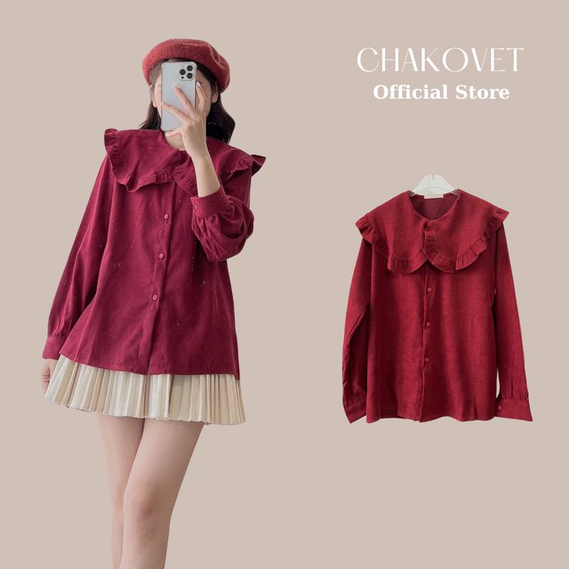 Áo Sơ Mi Nhung Tăm Dài Tay Nữ Màu Đỏ Sành Điệu A8536 Sơ Mi Cổ Sen Viền Bèo Xếp Li Tay Phồng Style Hàn Quốc Tiểu Thư