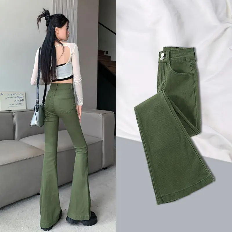 Quần Jean Mỏng Cho Nữ, Màu Xanh Quân Đội, Cạp Cao, Thắt Lưng Có Khóa Đôi, Ôm Sát, Ống Rộng, Quần Dài Loe, Hàng Mới Về Mùa Thu 2025 Women Ong Pants Loang Denim