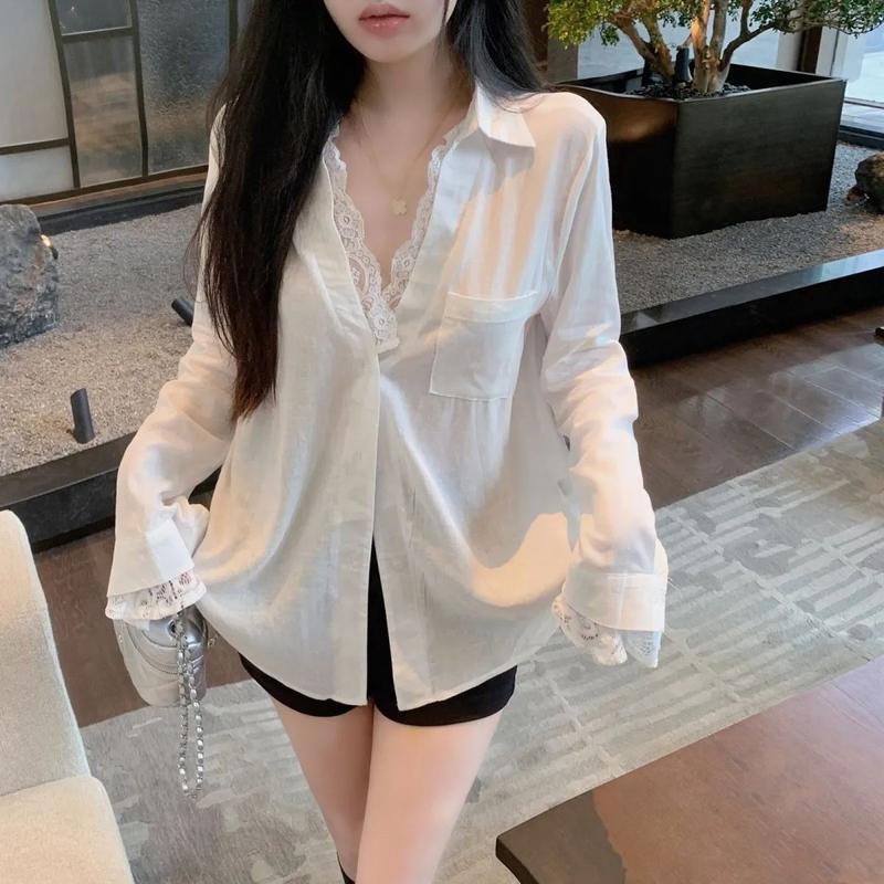 Product Introduction of Áo Sơ Mi Vải Lanh Và Cotton Màu Trắng, Giả Hai Mảnh, Dành Cho Mùa Hè Của Phụ Nữ, Áo Sang Trọng Và Đẹp Cao Cấp Dài Trung Bình Ren Chống Nắng 2