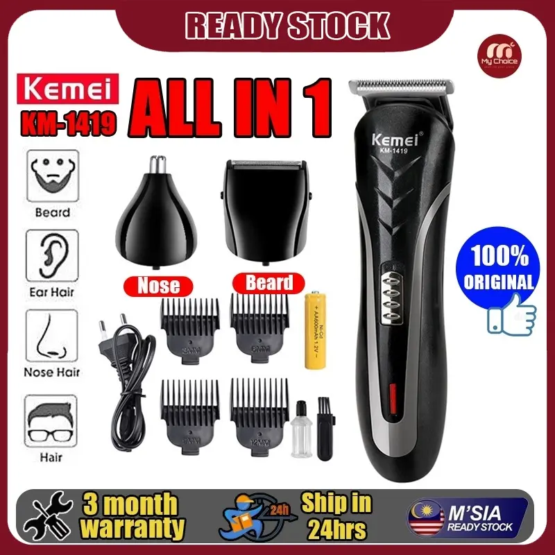 ORIGINAL KM-1419 KEMEI Men Rechargeable 3 in 1 Hair Trimmer Clipper Razor Nose Beard Shaver Machine Gunting RambutKomei Hair Clipper Brush Steel Carbon Comfort
