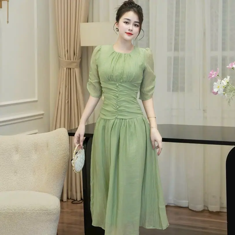 Váy thiết kế tơ nhăn tay nhúm eo khuy SMLXL cho nữ Dress Women Voi