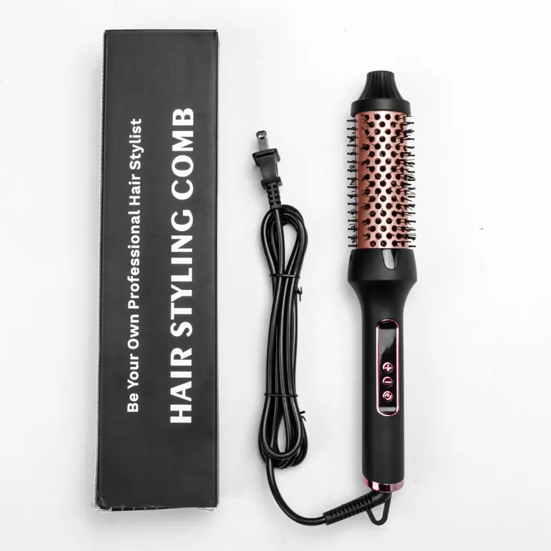 1.5 Inch Ionic Thermal Brush Curling Iron Brush, LED Display Heated Round Brush For Beach Waves 0