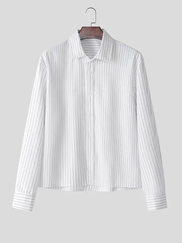 Men's Striped Print Long Sleeve Crop Shirt, High Stretch Casual Comfy Button Front Collared Top for Daily Wear, Men's Clothes for All Seasons,  Streetwear 3