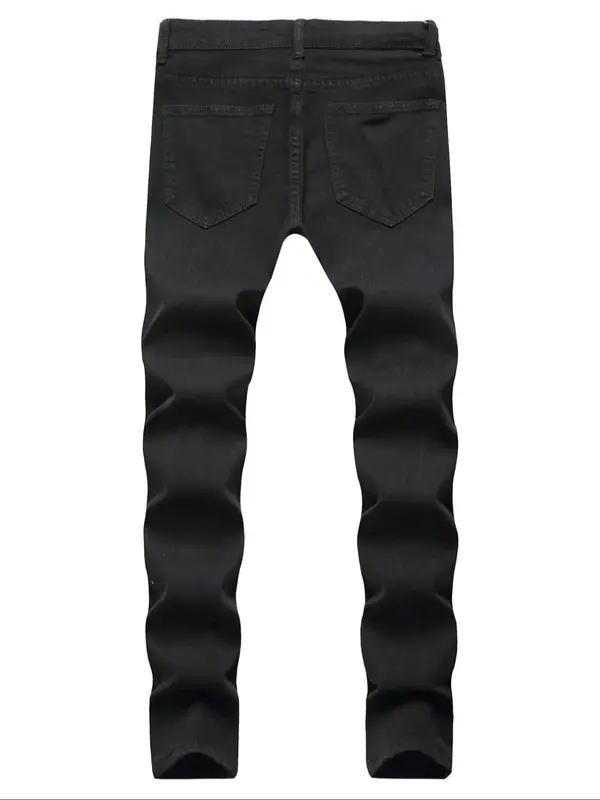 Men's Solid Color Ripped Jeans, Casual Comfy Slim-fitting Denim Pants for Daily Wear, Fashion Men's Bottoms for All Seasons, Cotton 5