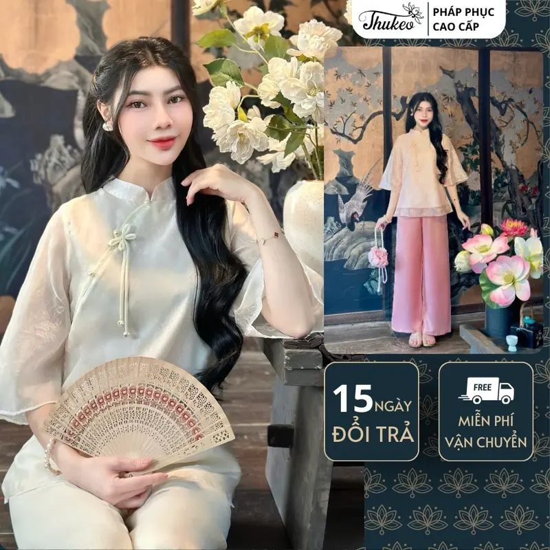 (MA50) Pháp phục đi chùa THUKEO mẫu tơ in 2 lớp mềm mịn cổ tàu thanh lịch Women Nữ 4