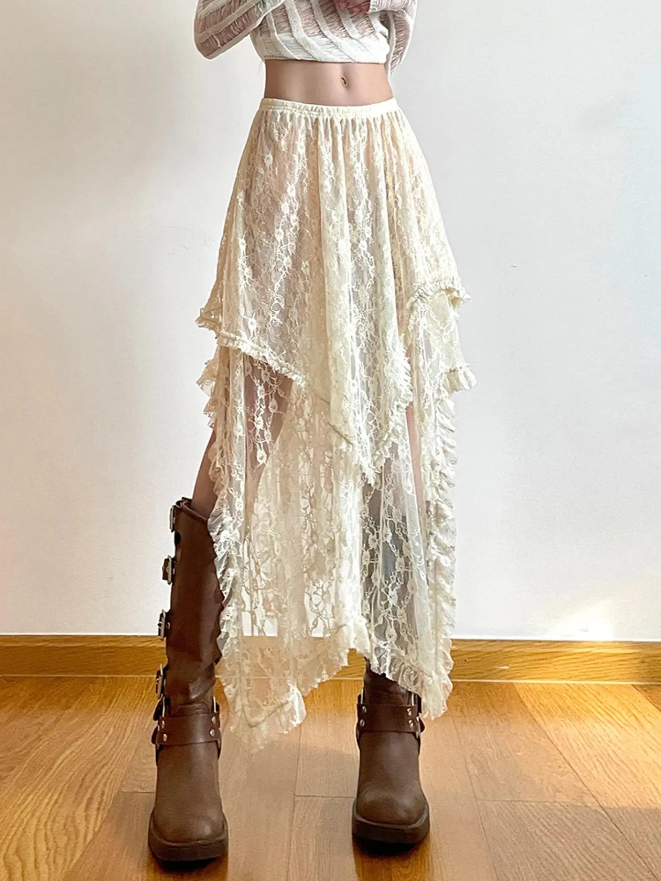 Women's Plain Lace Asymmetrical Skirt, Casual Elastic Waist Midi Skirt for Fall & Winter, Women's Bottoms for Daily Wear