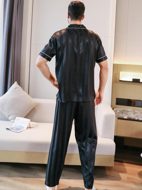 Three-Piece Set Men's All Over Print Button Front Pyjamas Set, Casual Pocket Shirt & Elastic Waist Pants & Contrast Binding Shorts, Men's Sleepwear Set for Summer 4