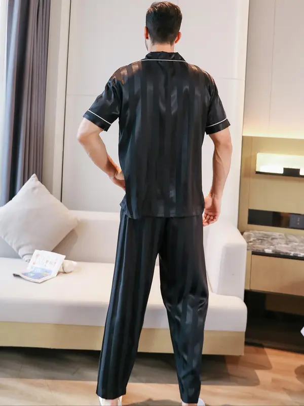 Three-Piece Set Men's All Over Print Button Front Pyjamas Set, Casual Pocket Shirt & Elastic Waist Pants & Contrast Binding Shorts, Men's Sleepwear Set for Summer 1