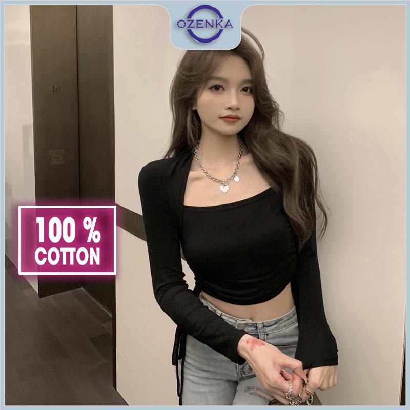 Áo croptop tay dài rút dây eo cổ thuyền nữ Ozenka , áo crt ôm body kiểu thun gân cotton màu đen trắng mặc đi chơi đi học Sơ Mi Cổ Tròn Áo Thun Shirt Denim Denim