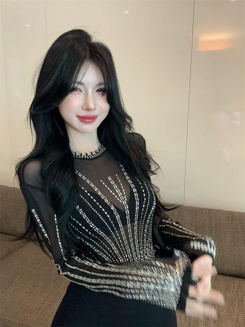 Product Introduction of Affordable Luxury Style Heavy Embroidery Hot Drilling Slim-Fit Short Long Sleeve Bottoming Shirt American Sexy See-through Sweet Cool Girl Mesh T-shirt Women 12