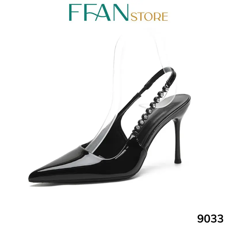 Giày cao gót mũi nhọn hở gót [da mềm mại] 9033 FFAN STORE, gót nhọn 7 9 phân bít mũi đính đá bigsize màu đen be da lộn DéP Nữ 8