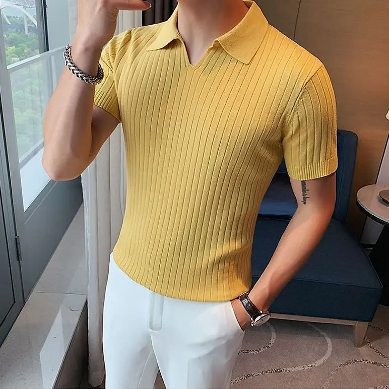 Áo Thun Nam ngắn Tay Áo, Chất Liệu Lụa Lạnh Mùa Hè, Áo Polo Mỏng, Dáng Ôm, Cổ Chữ V, Sọc Dệt Kim, Áo Sơ Mi Cơ Sở Trưởng Thành, Dành Cho Nam Giới áo  polo  nam  chữ  b