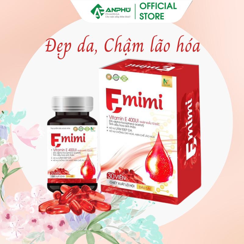 Viên uống Đẹp da, Chậm lão hóa Emimi - chứa Vitamin E nhập khẩu từ Đức, Tinh dầu Hoa Anh Thảo, Lô hội, Dầu gấc, Dầu Cám gạo - giúp da căng mịn, trắng hồng, hạn chế nám, sạm, tàn nhang, hạn chế nếp nhăn và vết chân chim