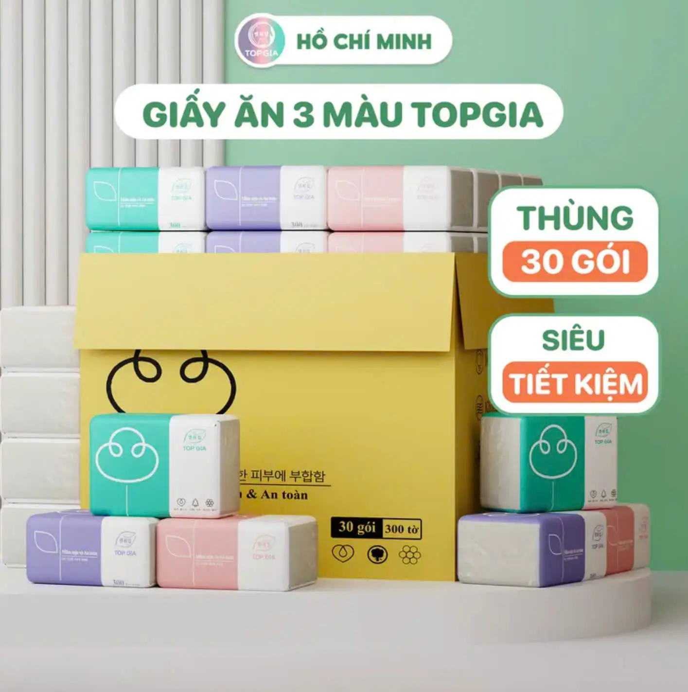 Giấy ăn gấu trúc, giấy ăn 3 màu thùng 30 gói rút, giấy TOP GIA hàng cao cấp Giấy Vệ Sinh