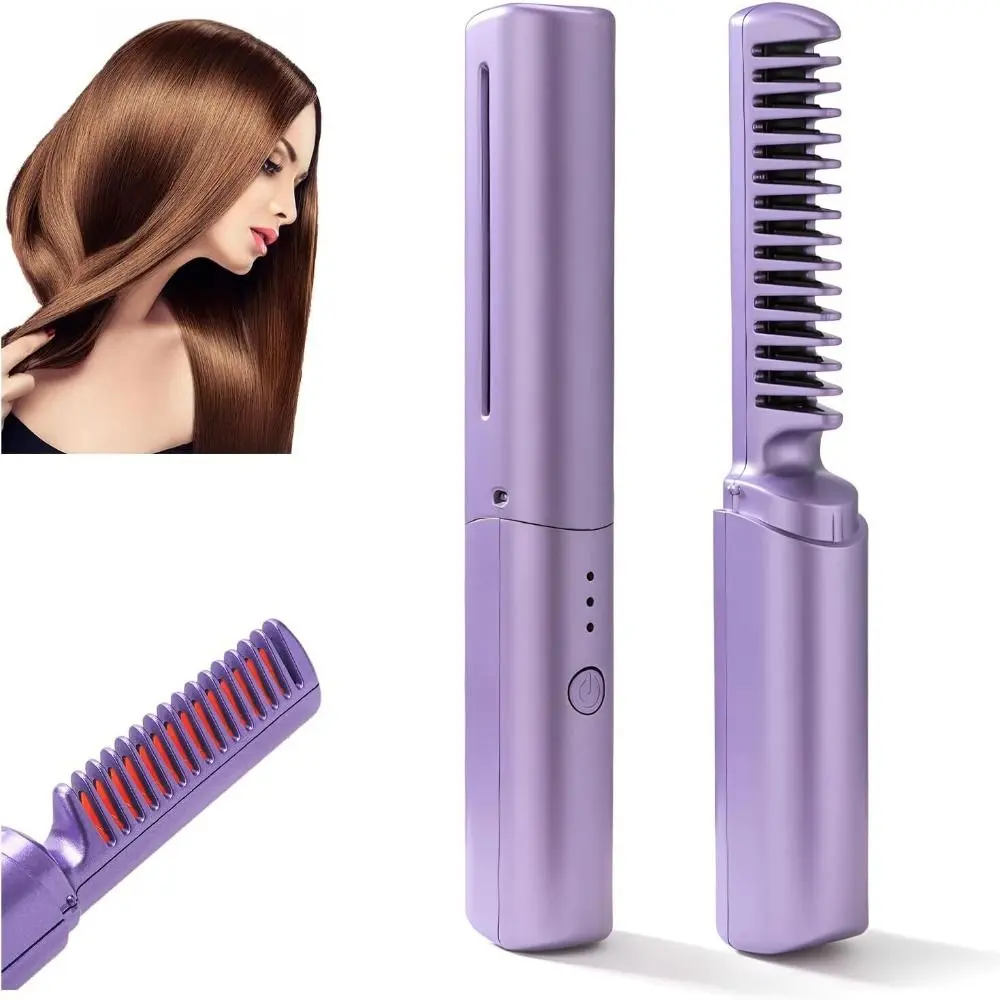 2 in 1 Straightening Curling Brush New Metal Ceramic Heating Element Fast Heating Negative Ion Hair Hot Comb Wireless Styling Tools for Women