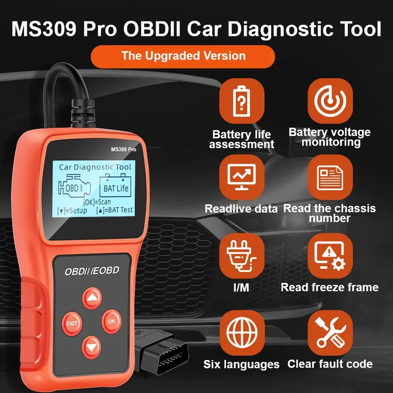 OBD2 Scanner, Car Diagnostic Tool, OBD2 Scanner Live Data Code Reader, Check Engine System Multi-language Battery Tester 5