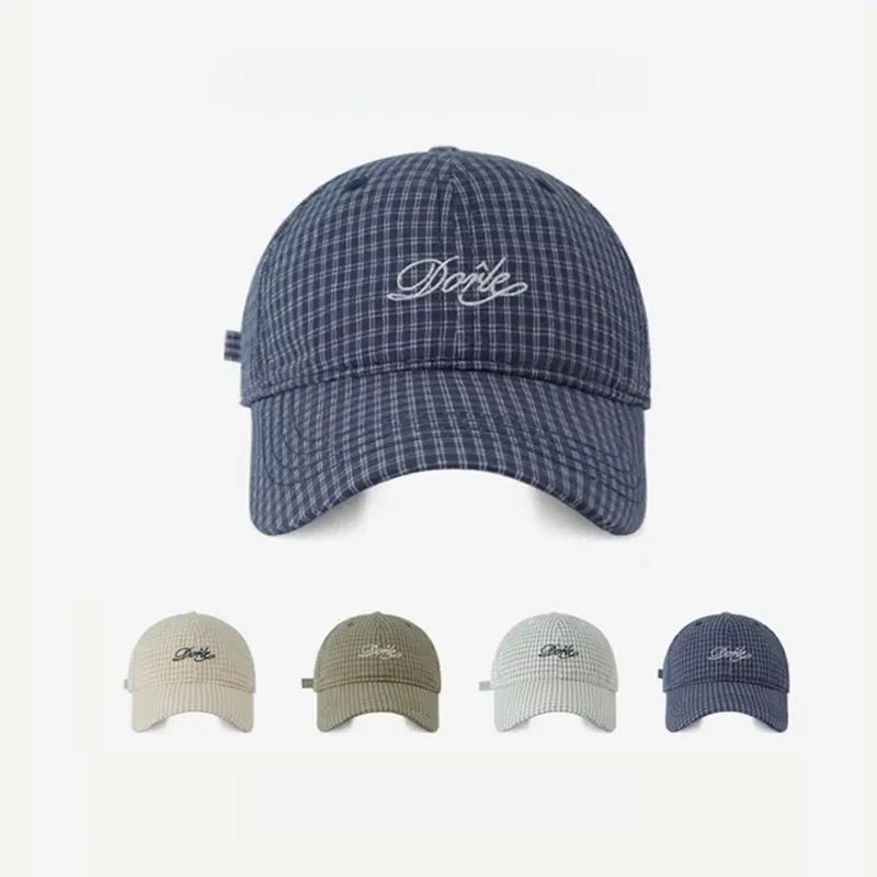Baseball cap letters embroidery checkered hat retro casual outdoor sun shading duck tongue cap spring and summer