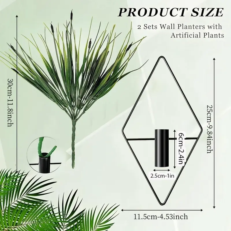 Metal Wall Hanging Decor, 1 Pair Geometric Design Wall Hanging Plant Holder with Artificial Plant, Modern Wall Art for Home Bedroom Living Room Office 1